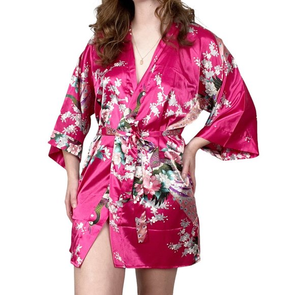 Vintage Other - Vintage 100% Silk Kimono Robe Duster Long Jacket Coat Peacock Floral Belted Boho